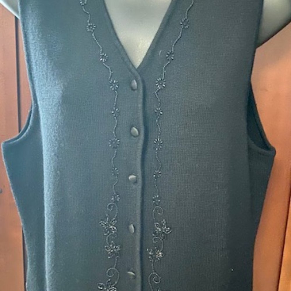 Chaus Black Beaded V-Neckline Vest ~ Size Medium